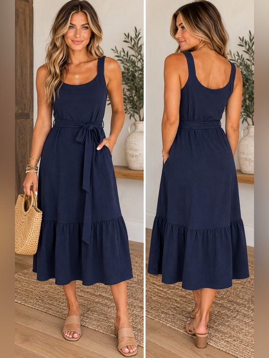 Tribal Dresses & Skirts - NWT Tribal Midi Tank Dress with Waist Tie in Navy Size Petite Small
